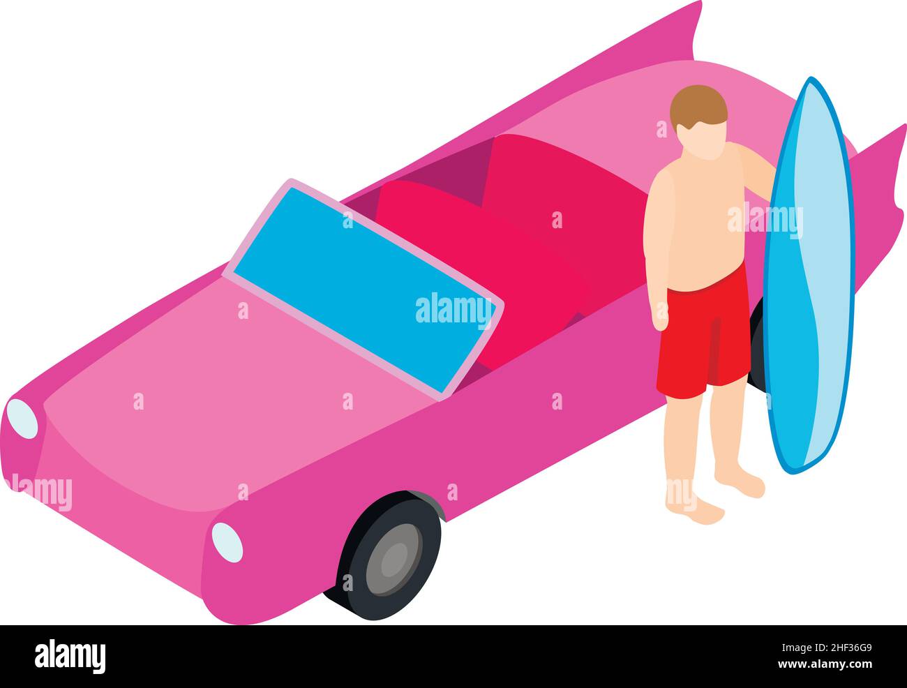 Symbol für die Surfzeit – isometrischer Vektor. Surfer mit Surfbrett in der Nähe rosa Retro-Auto. Sommerurlaub, unbeschwerter Lebensstil, Tourismus miami Stock Vektor
