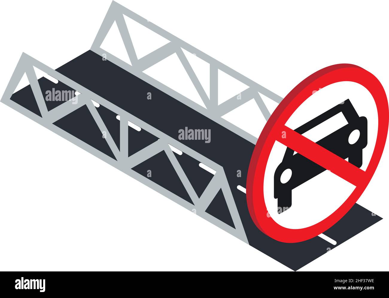 Isometrischer Vektor des Symbols für verbotene Zeichen. Brücke, kein Auto oder kein Parkschild. Fahrzeug nicht erlaubt, durchgestrichene Silhouette des Autos Stock Vektor