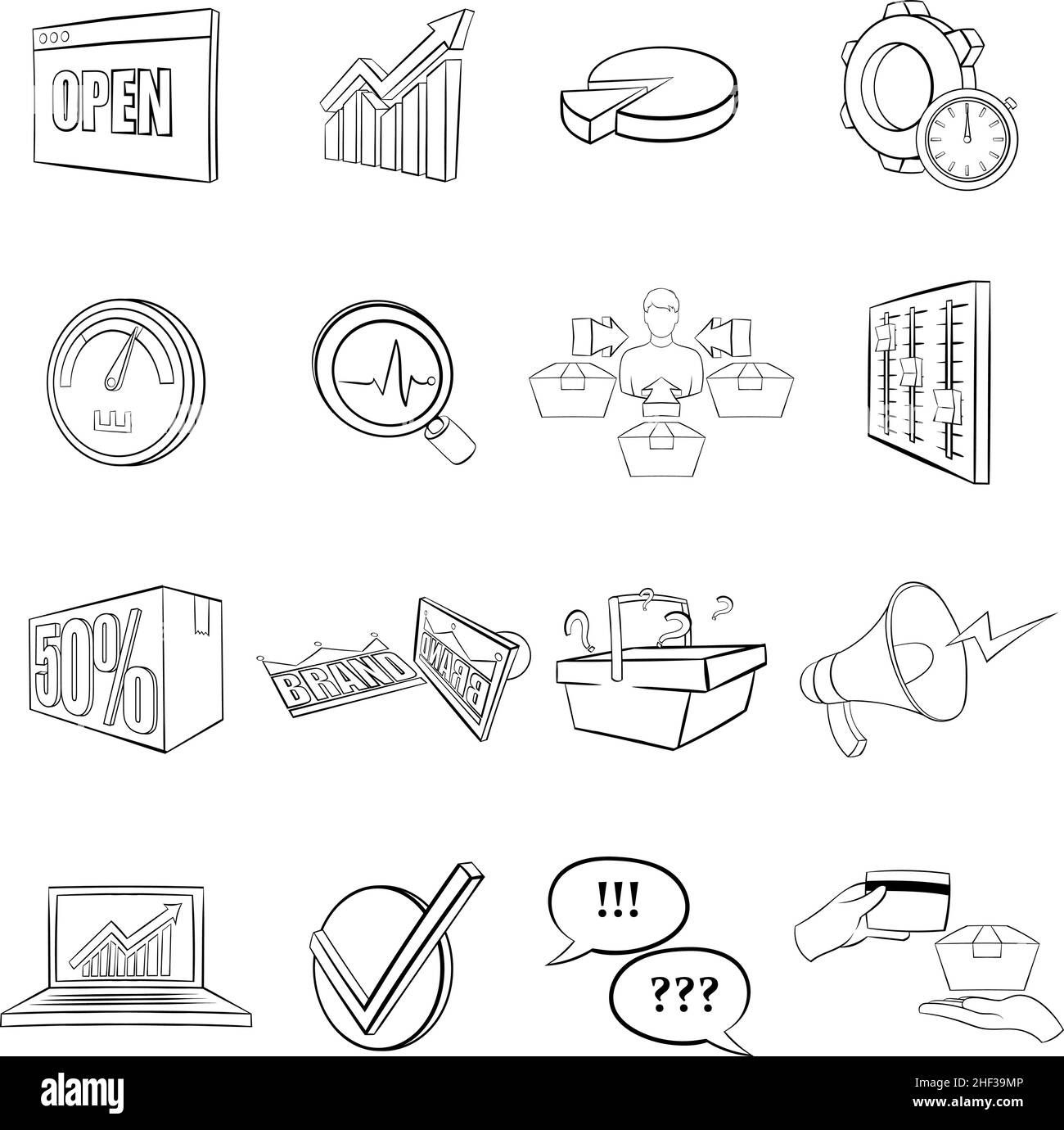 Marketingsymbole in Gliederungsform, isoliert auf weißem Hintergrund Stock Vektor
