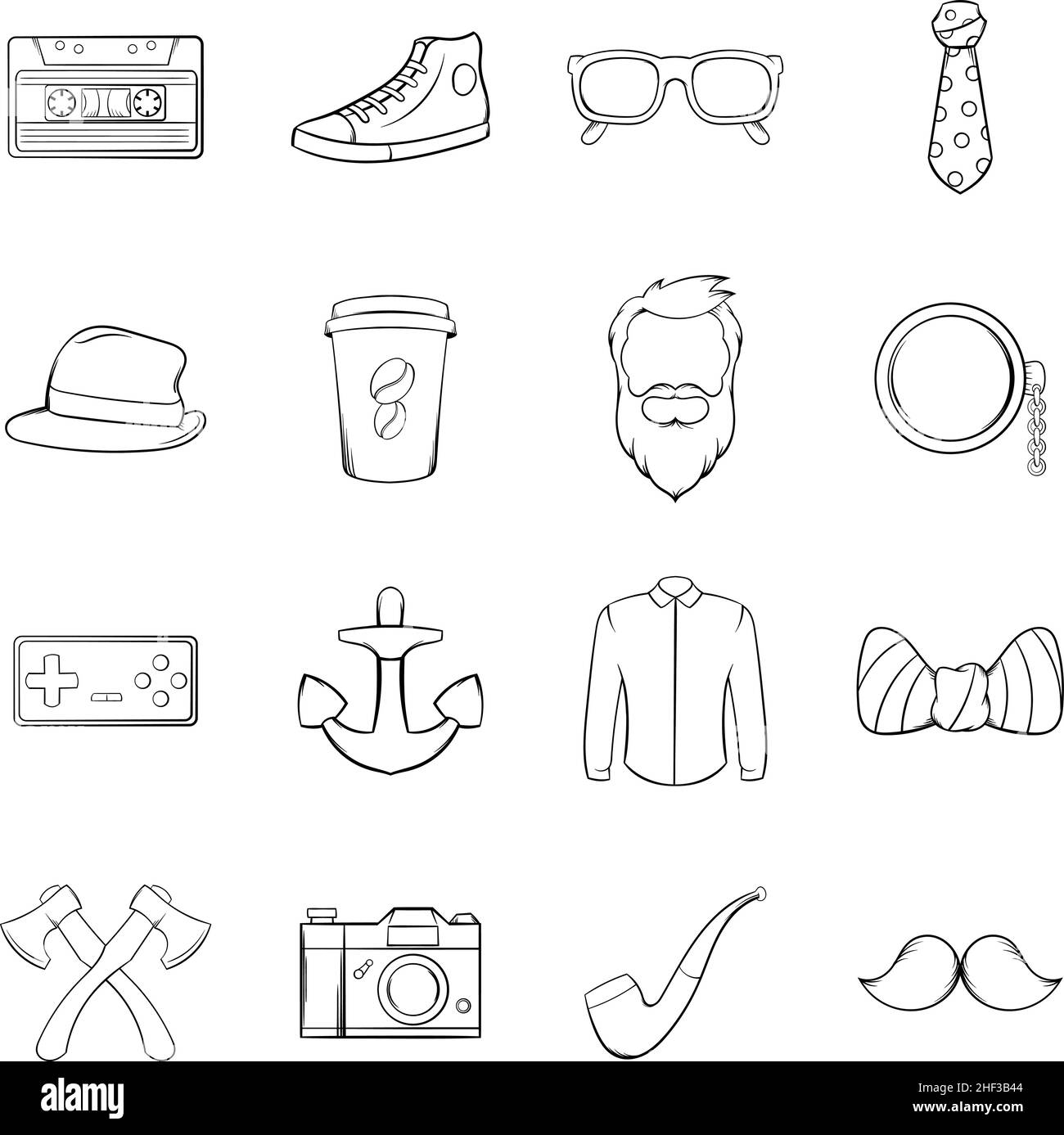 Hipster-Symbole im Umrissstil isoliert auf weißem Hintergrund Stock Vektor