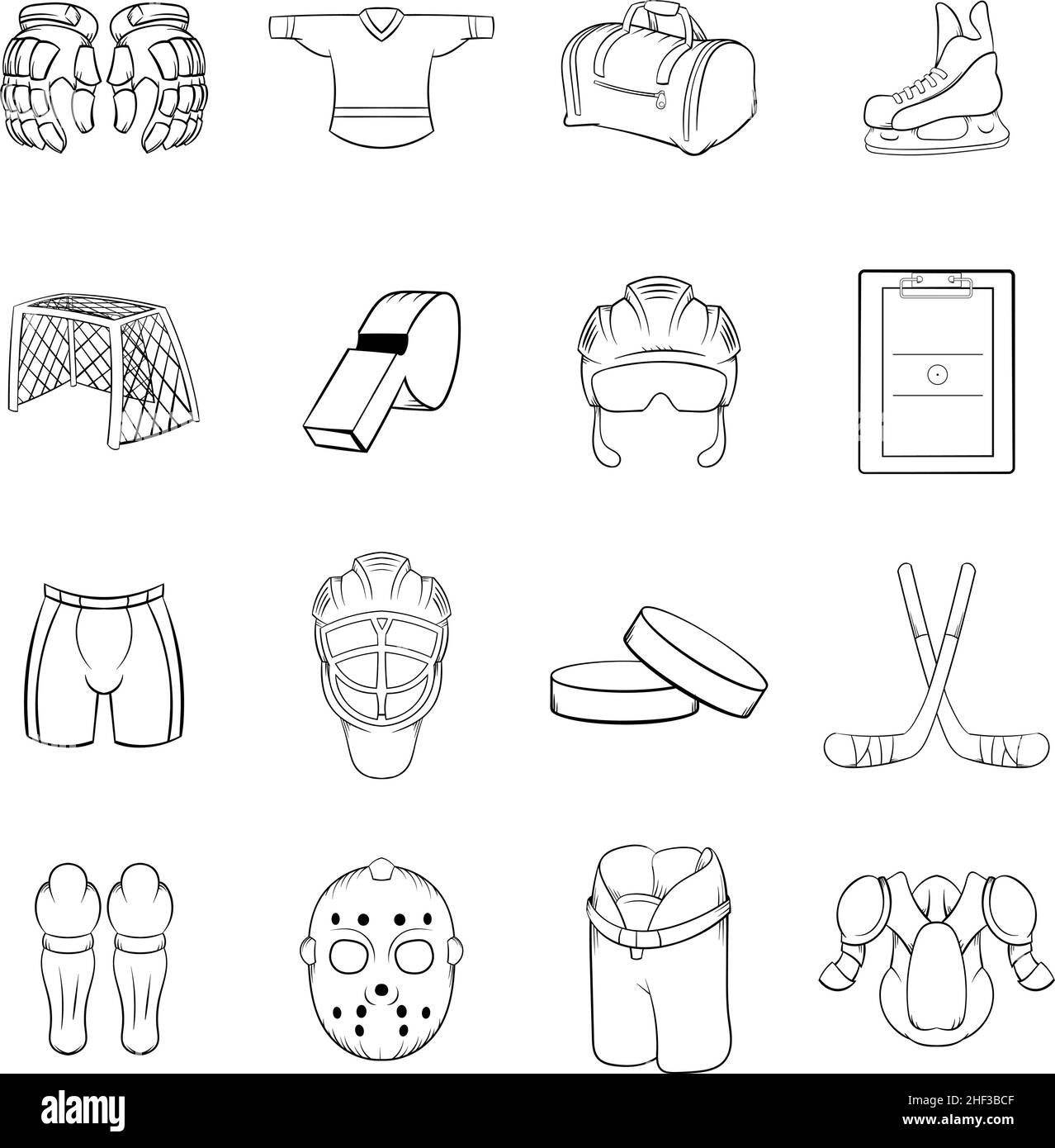 Hockey-Ikonen im Umrissstil isoliert auf weißem Hintergrund Stock Vektor