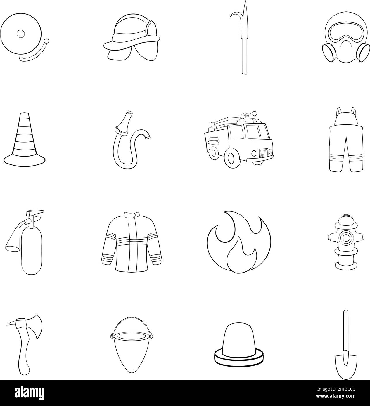 Feuerwehrsymbole in Umrissform, isoliert auf weißem Hintergrund Stock Vektor