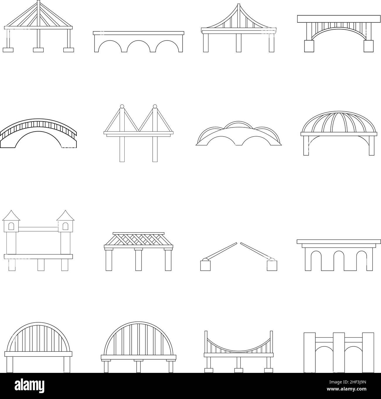 Brückenkonstruktion setzt Symbole in Umrissform isoliert auf weißem Hintergrund Stock Vektor