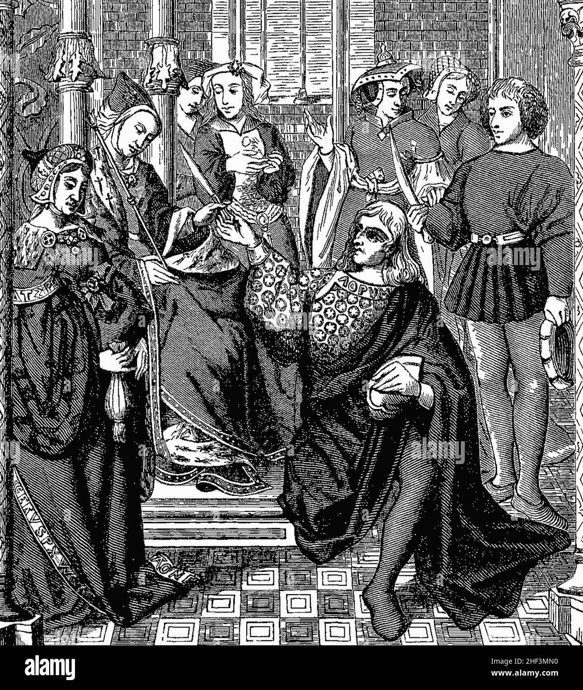 Königin Fredegonde, die auf ihrem Thron sitzt, gibt zwei jungen Männern von Térouanne den Befehl, Sigebert, König von Australien, zu ermorden Stockfoto