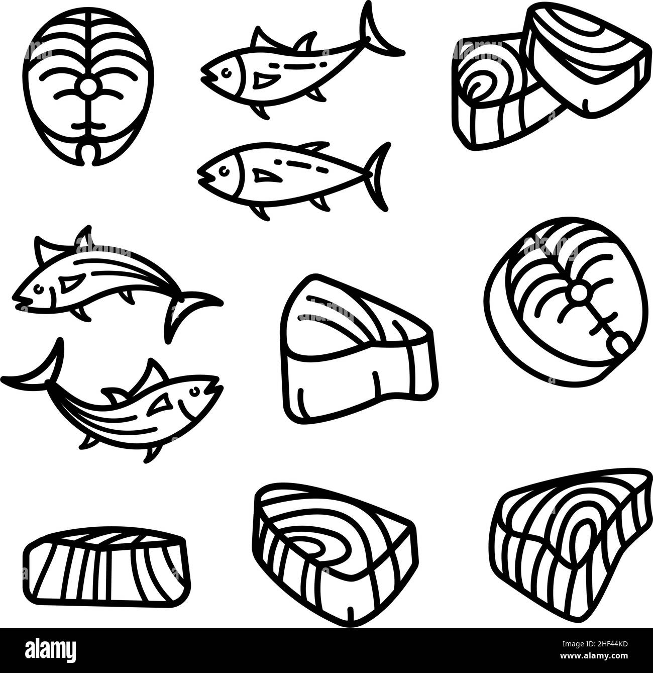 Symbole für den Thunfisch-Umriss gesetzt. Vektor-Icons Sammlung von Thunfisch für Web-Design isoliert auf weißem Hintergrund Stock Vektor