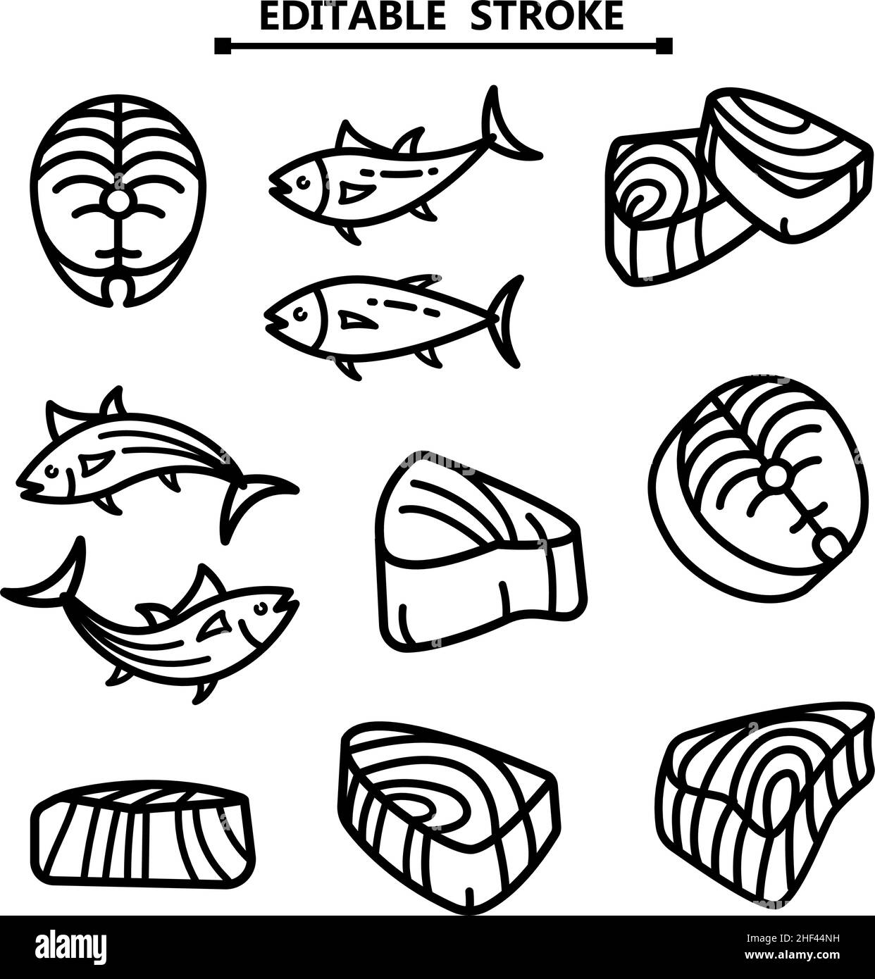 Symbole für den Thunfisch-Umriss gesetzt. Icons Sammlung von Thunfisch für Web-Design isoliert auf weißem Hintergrund. Editierbare Vektordarstellung. Stock Vektor