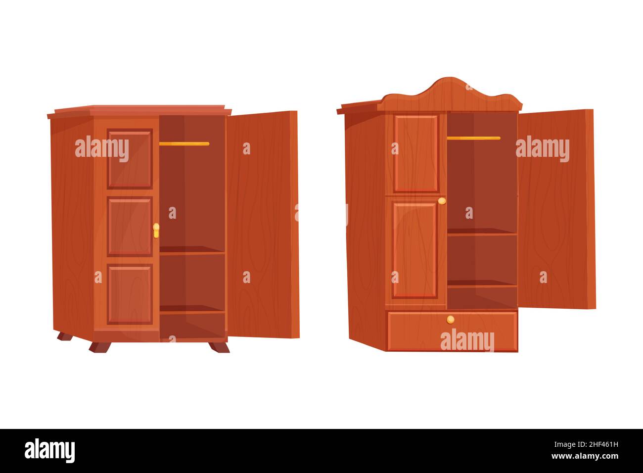 Set Holzschrank leere Möbel mit Regal in Cartoon-Stil isoliert auf weißem Hintergrund. Schrank, Schublade Innenobjekt. Vektorgrafik Stock Vektor
