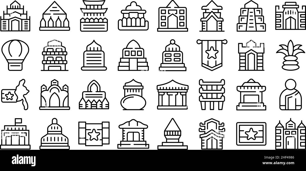 Myanmar Symbole setzen Umrissvektor. Birma yangon. Kartenarchitektur Stock Vektor