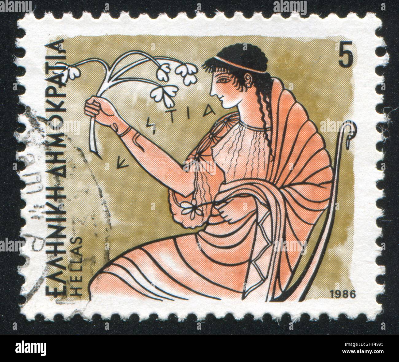 GRIECHENLAND - UM 1986: Briefmarke gedruckt von Griechenland, zeigt Götter, Hestia, um 1986 Stockfoto