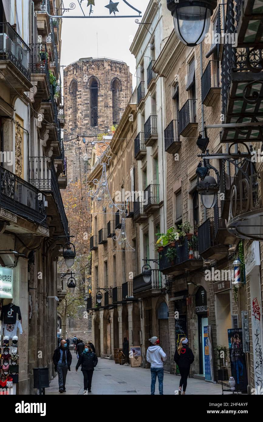 Carrer del Pi, enge Straßen im Raval-Viertel, Gotisches Viertel, Barcelona, Katalonien, Spanien. Stockfoto