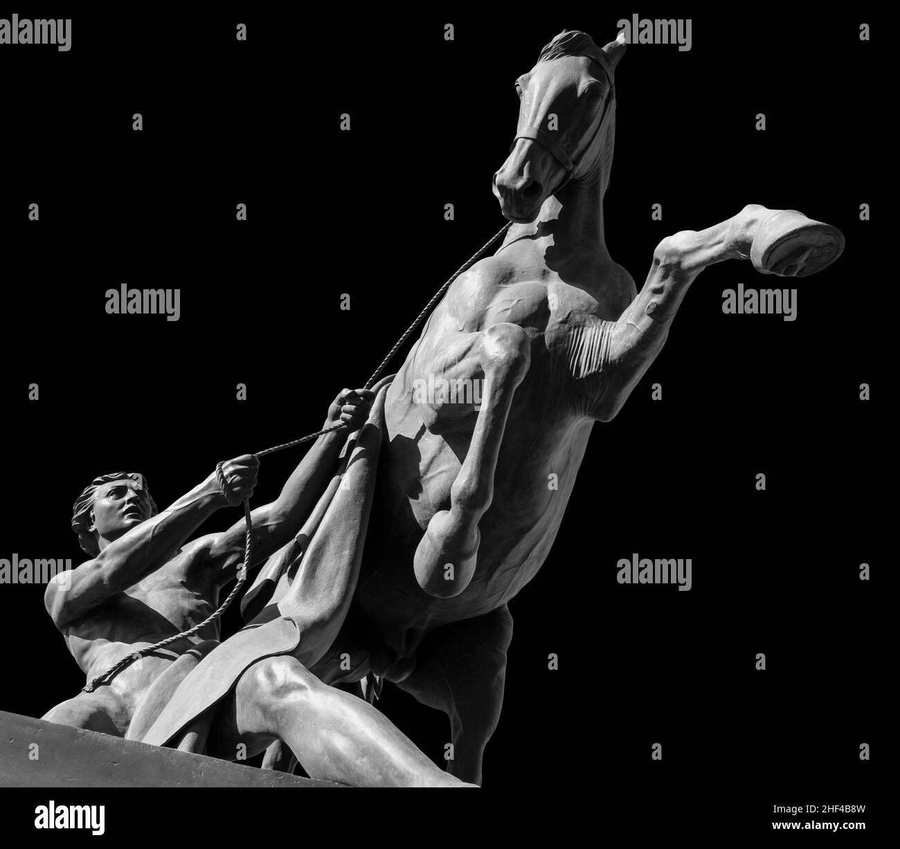 Pferd und Mann antike Skulptur der Anitschkow-Brücke in Sankt Petersburg. Monument isoliert auf schwarzem Hintergrund Stockfoto