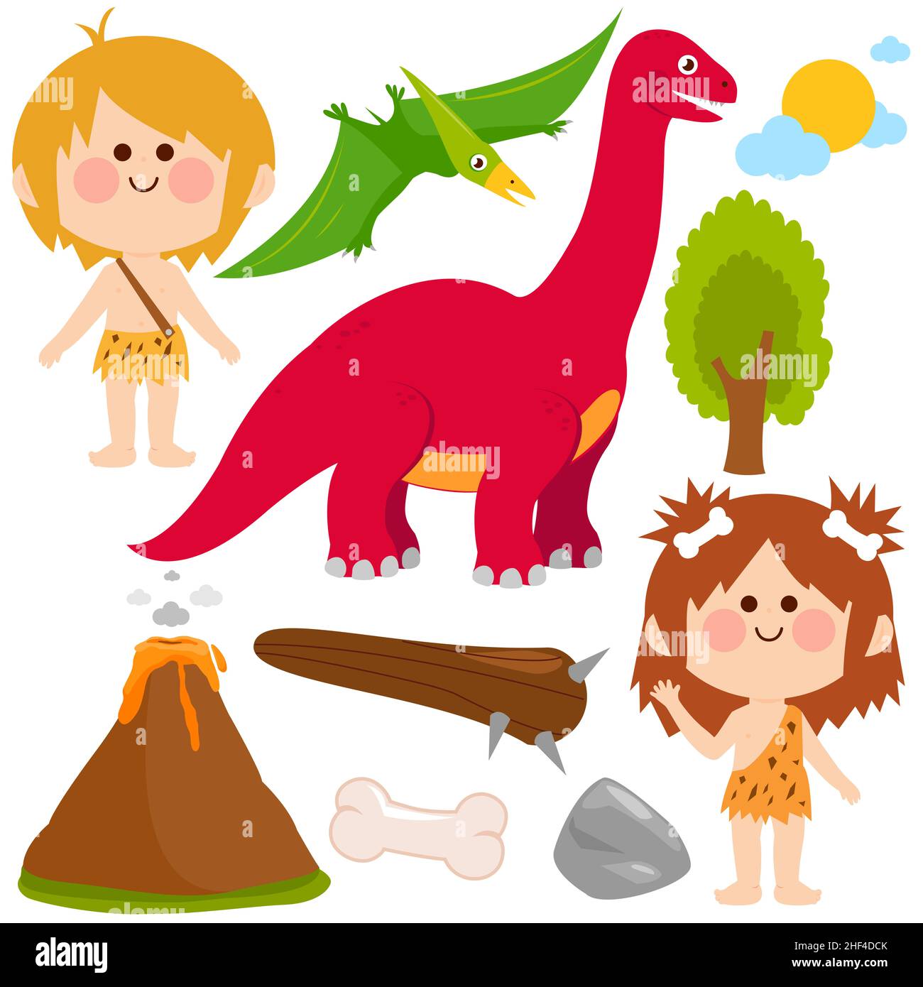 Prähistorische Kinder Höhlenmenschen und Dinosaurier. Stockfoto