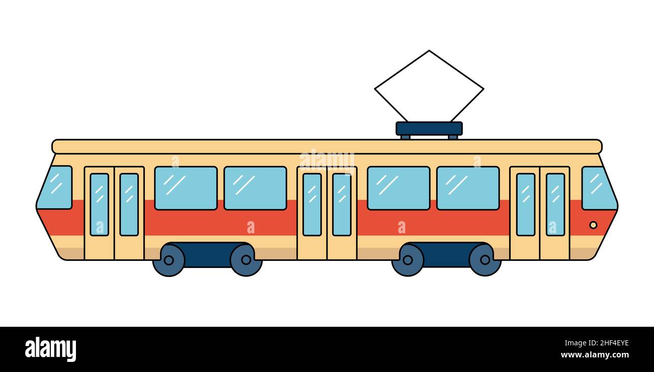 Rote Stadtbahn. Städtischer Landverkehr. Vektordarstellung in flacher Linienform auf weißem, isoliertem Hintergrund. Stock Vektor