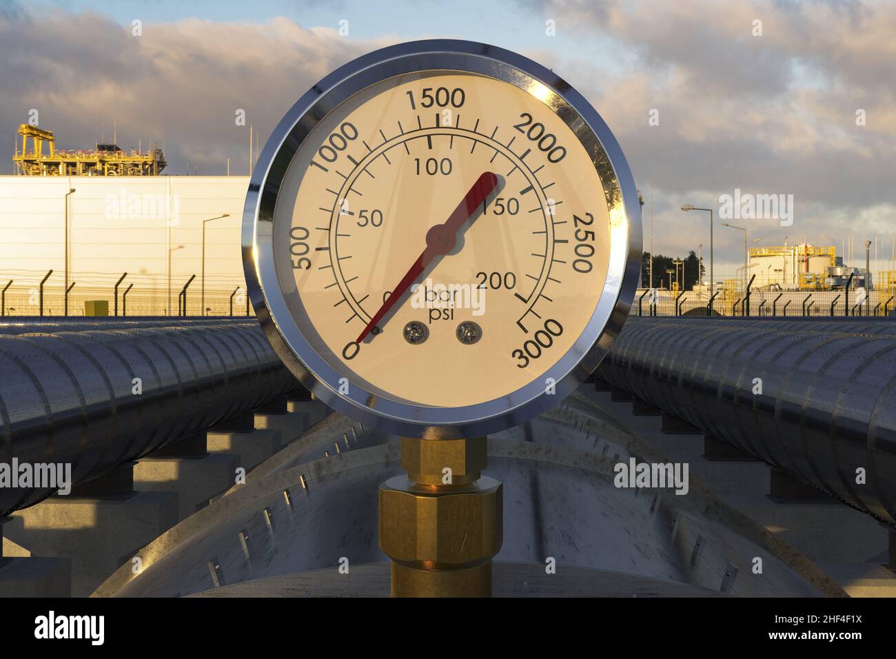 Manometer, das einen Mangel an Druck und Durchfluss im Gassystem anzeigt Stockfoto