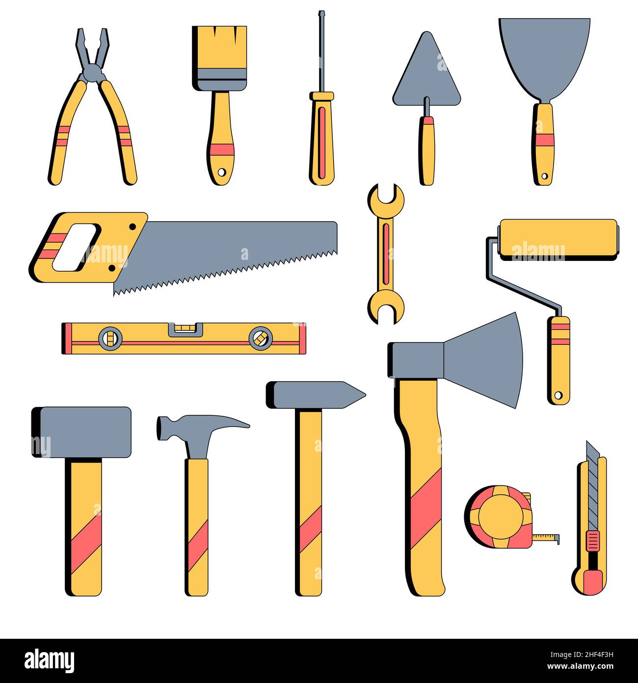 Satz gelber Bauwerkzeuge. Reparaturwerkzeuge für Mitarbeiter. Vektorillustration in flacher Form auf weißem isoliertem Hintergrund. Schneidmesser, Säge, Malerwalze, Pinsel, Schraubenschlüssel, Schraubendreher Zimmermannsebene. Stock Vektor