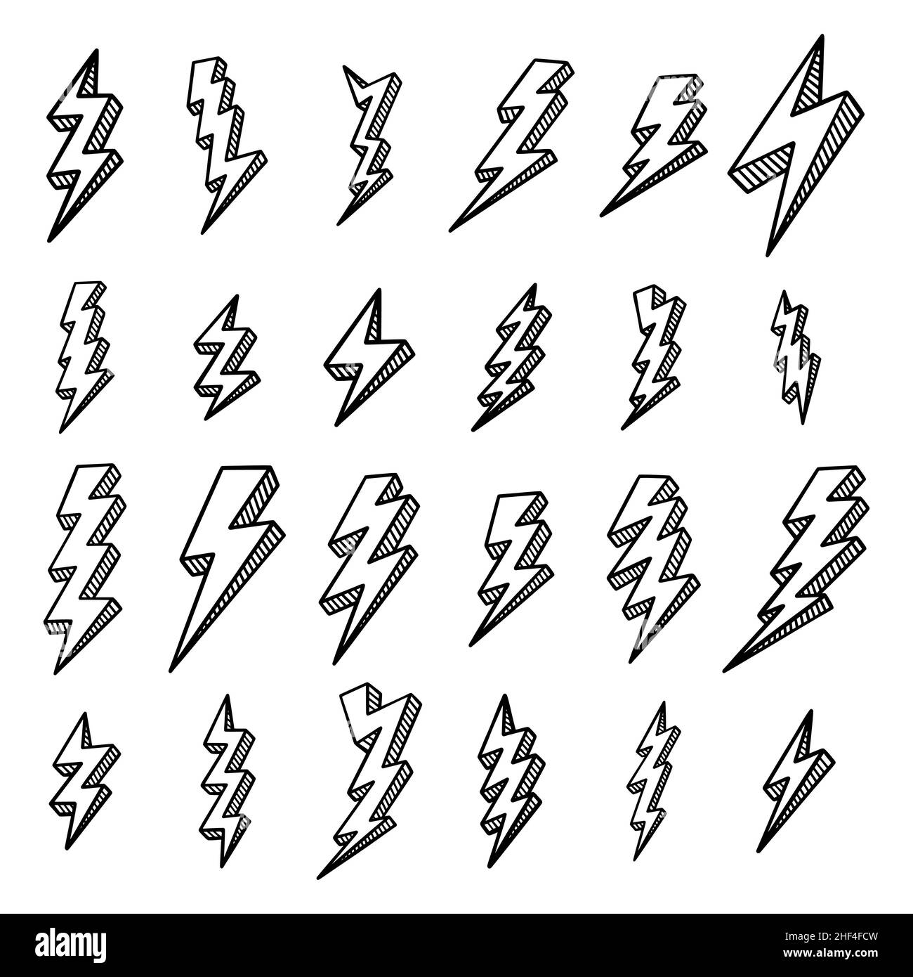 Ein Satz elektrischer Blitzschläge. Elemente für Gewitter. Objekte für Comics. Doodle Hand Draw Style. Isolierte Illustration auf weißem Hintergrund. Stock Vektor
