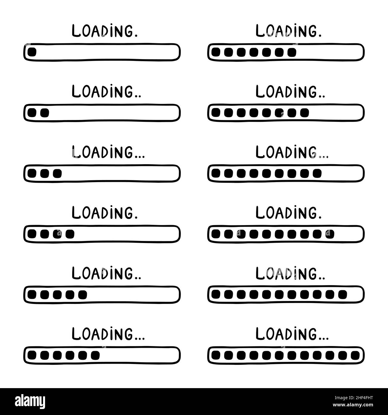 Lade-Leiste, Status und Fortschritt für Animation. Doodle-Elemente. Skizze, handgezeichneter Stil. Vektorgrafik. Stock Vektor