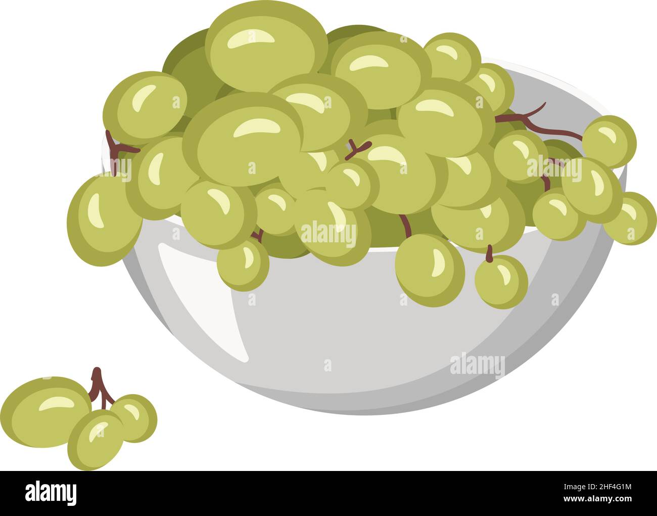 Die Beeren der leichten Trauben auf dem Ast liegen in der Schüssel. Süßes, gesundes Essen, leckeres Dessert oder Snack. Vektorgrafik flach Stock Vektor