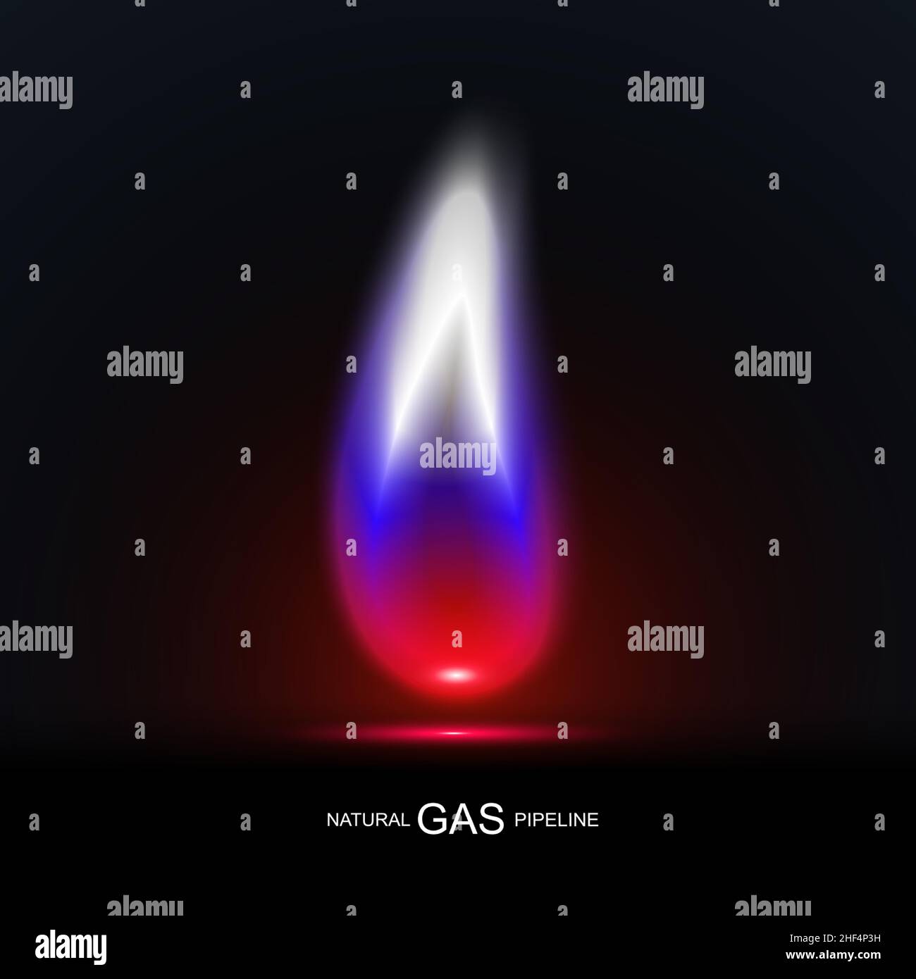 Dreifarbige Gasflamme, Flagge Russlands. Weiße, blaue und rote Farben. Saubere Gaspipeline von