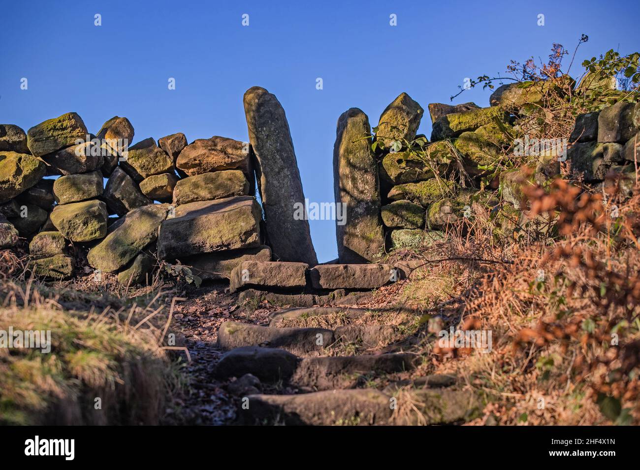 Stone Squeeze Stile, Crich, Derbyshire, England Stockfoto