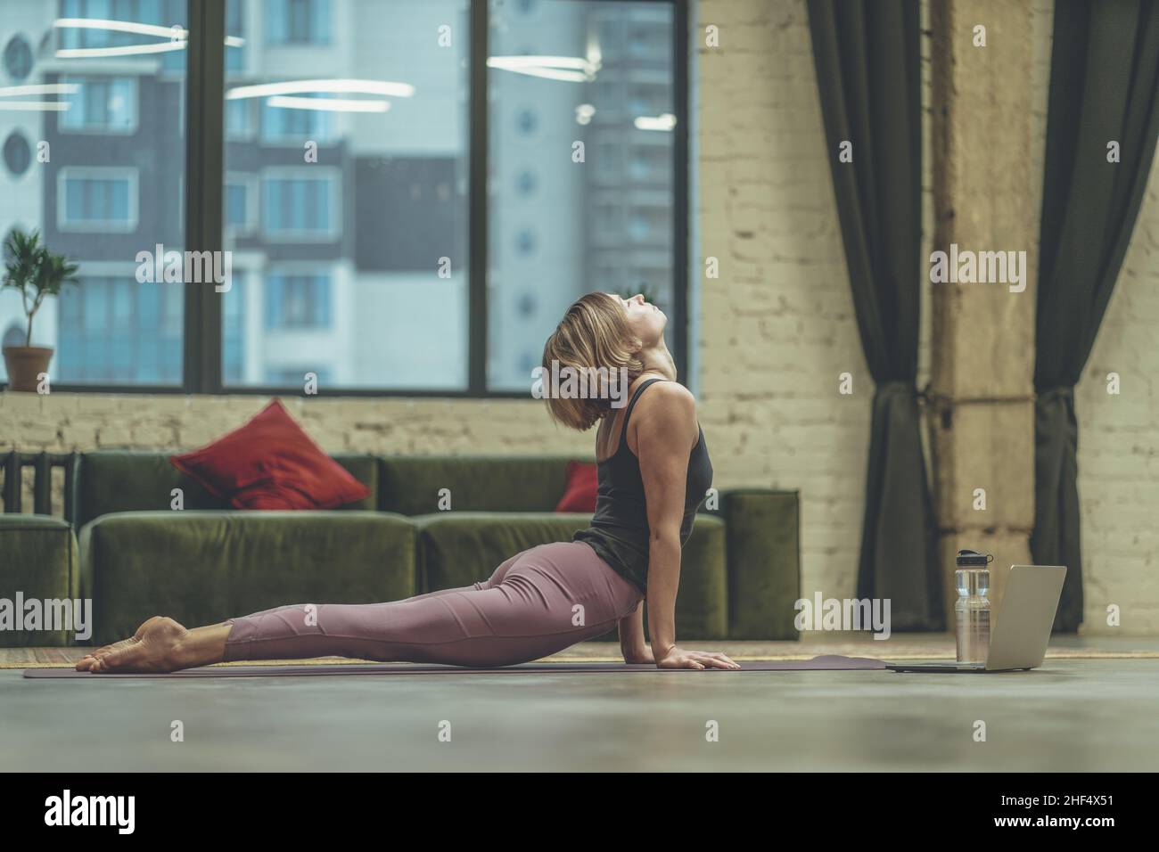 Nette Frau, die Yoga praktiziert, Down Dog Übungen macht, Online-Yoga-Lektionen von ihrem Laptop gucken, Yoga zu Hause. Yoga-Zeit, Frau entspannt in ihrer Wohnung in Megapolis City. Mehrstöckiges Wohngebäude im Hintergrund Stockfoto
