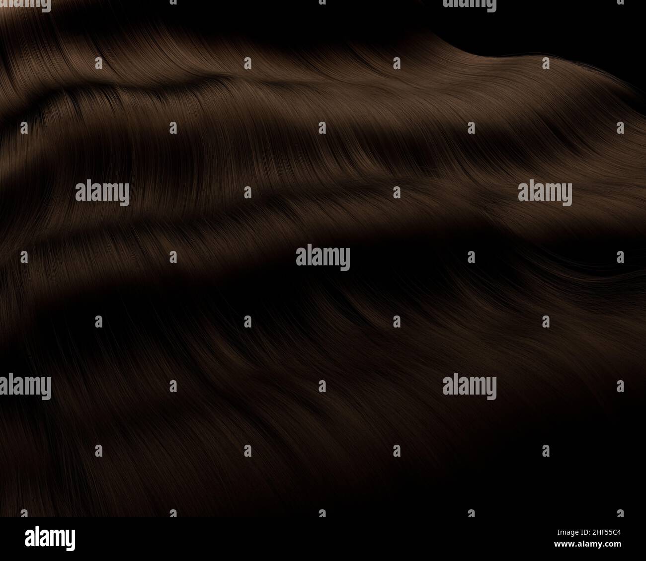 Nahaufnahme von dickem, glänzendem, brünett gewelltem Haar auf dunklem Hintergrund - 3D Render Stockfoto