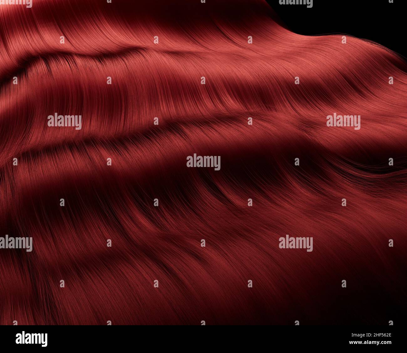 Nahaufnahme von dickem, rot-glänzendem, welligen Haar auf dunklem Hintergrund - 3D Render Stockfoto