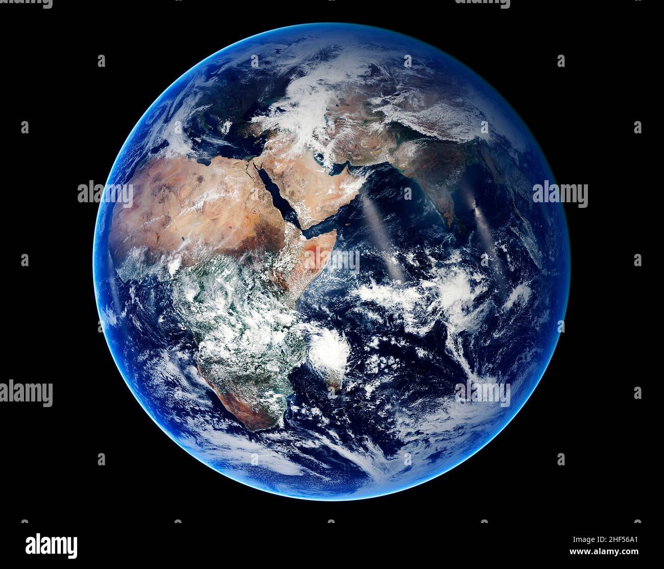 Die östliche Hemisphäre wurde am 30. März 2014 von der Visible Infrared Imaging Radiometer Suite auf dem Suomi NPP-Satelliten erfasst. Original von der NASA. Stockfoto