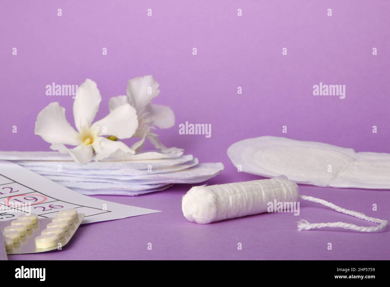 Gruppe von Produkten für den Schutz und die Menstruationshygiene mit Tampons, Wattepads, Save slip und weiße Blume auf lila Hintergrund. Vorderansicht. Stockfoto