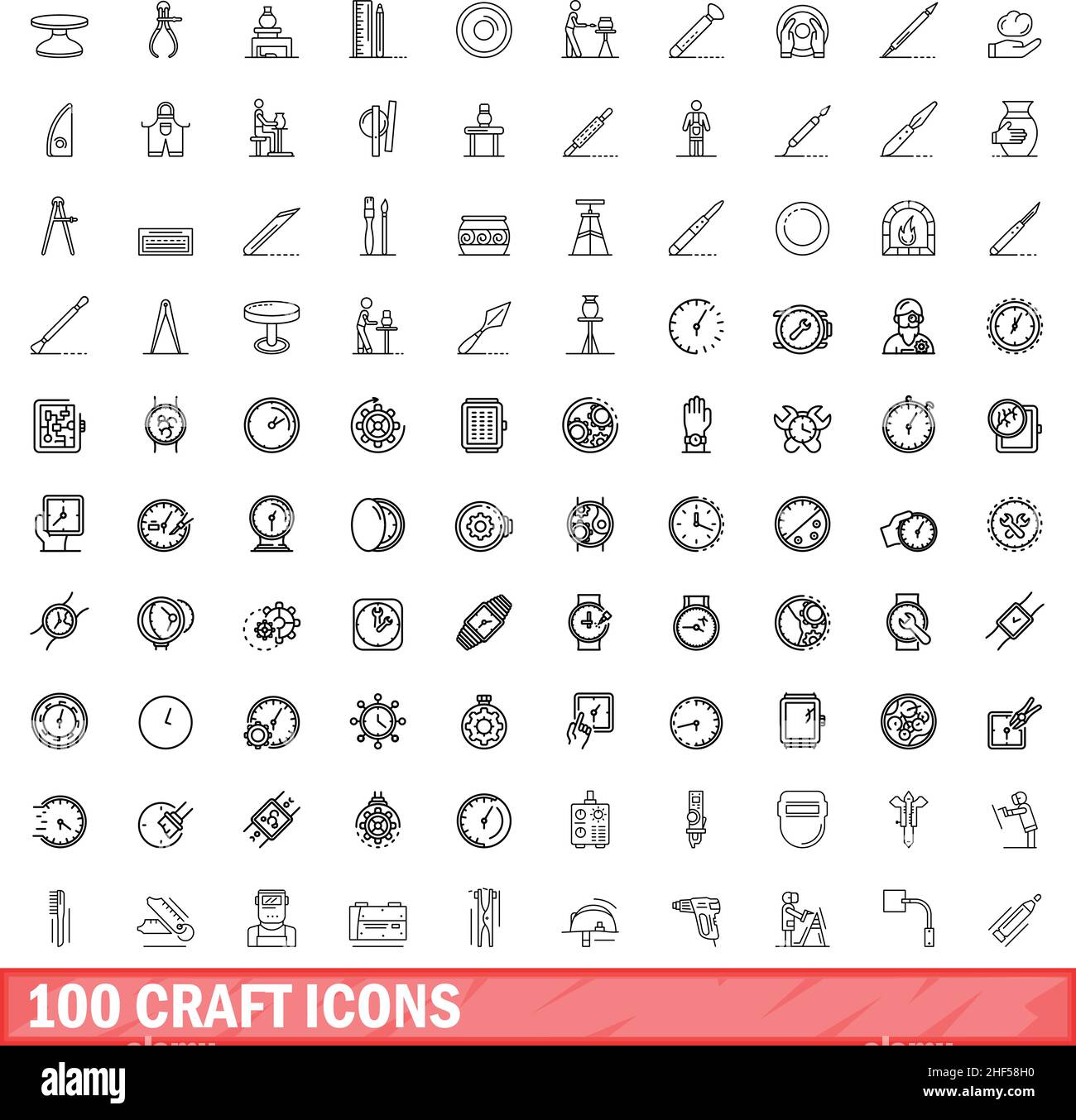 100 Bastelsymbole eingestellt. Umreißen Abbildung von 100 Handwerk Symbole Vektor-Set isoliert auf weißem Hintergrund Stock Vektor