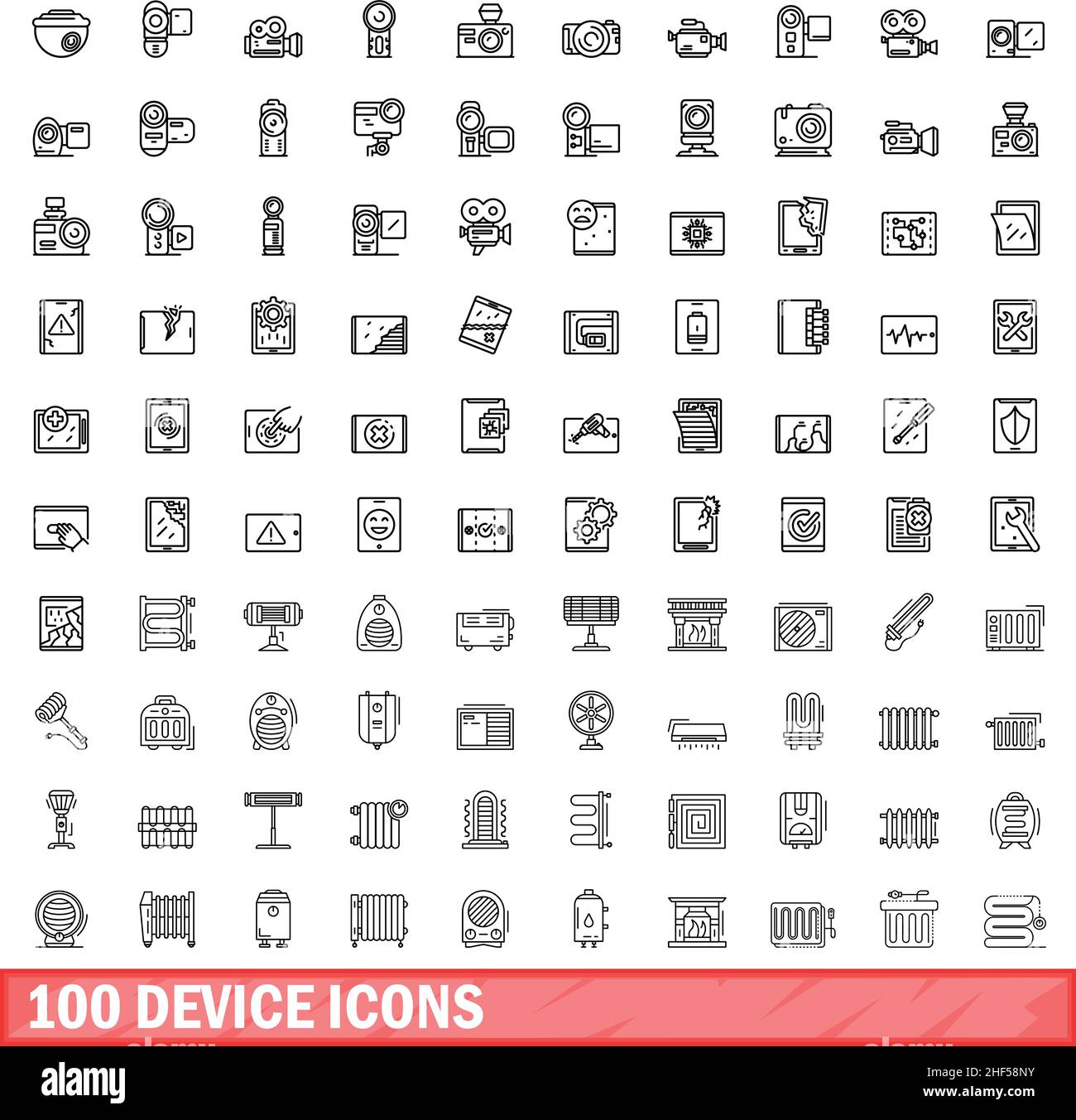 100 Gerätesymbole eingestellt. Skizzieren Sie die Darstellung von 100 Gerätesymbolen, die auf weißem Hintergrund isoliert sind Stock Vektor