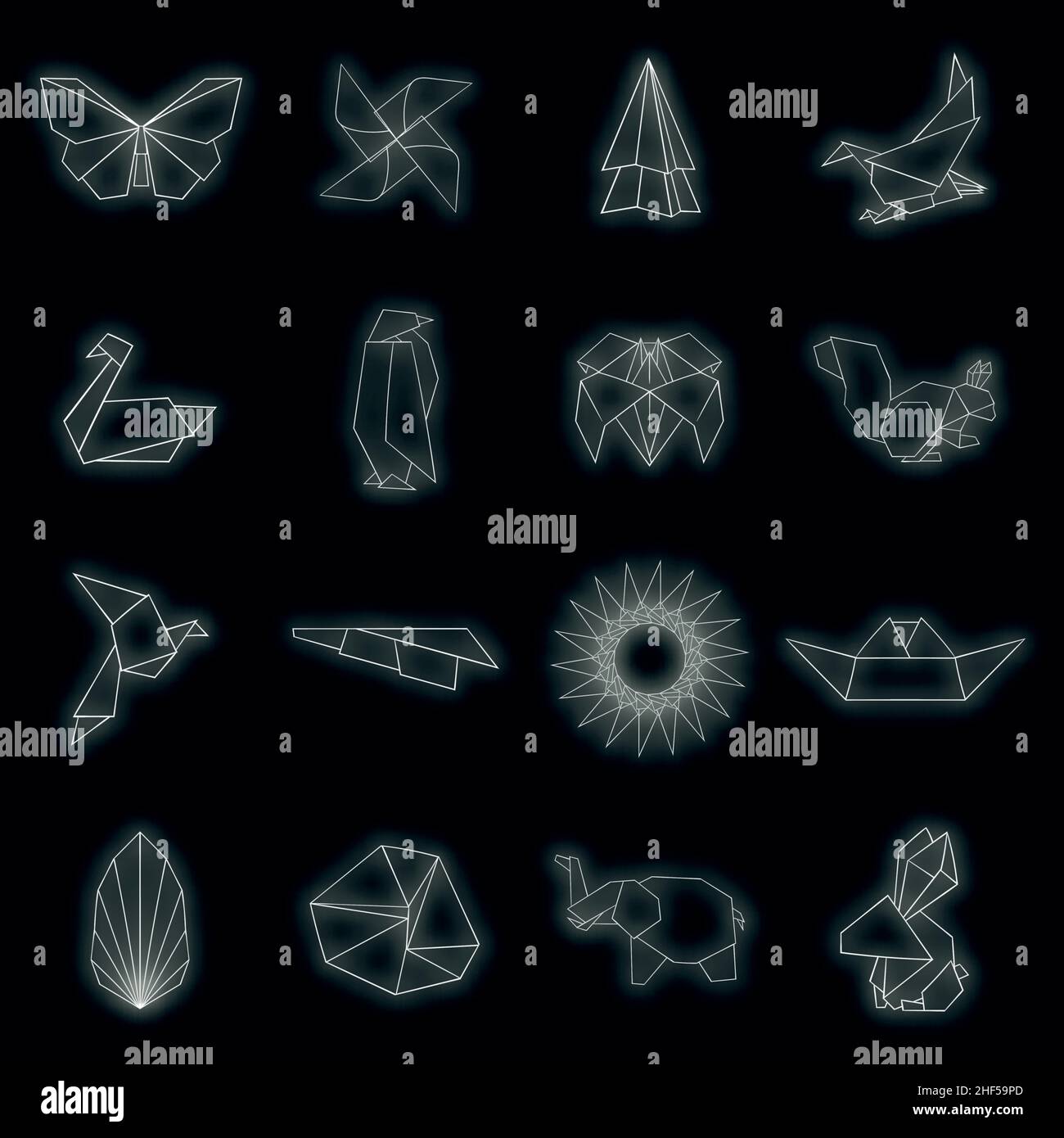 Origami-Symbole gesetzt. Abbildung von 16 Origami-Vektor-Symbole Neon-Farbe auf schwarz Stock Vektor