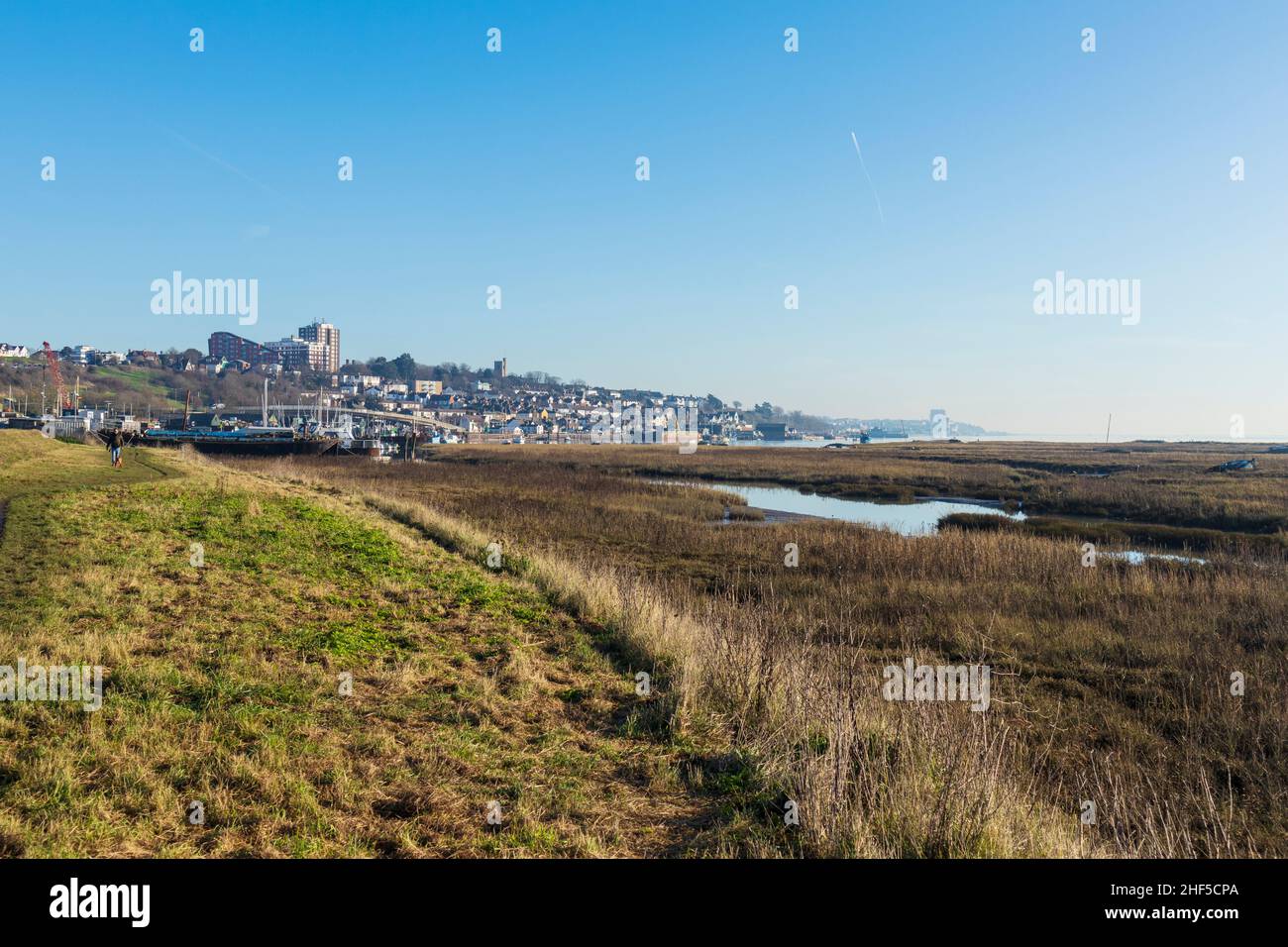 Blick von Leigh Marshes in Richtung Old Leigh und Chalkwell an einem herrlichen sonnigen Januarmorgen Stockfoto