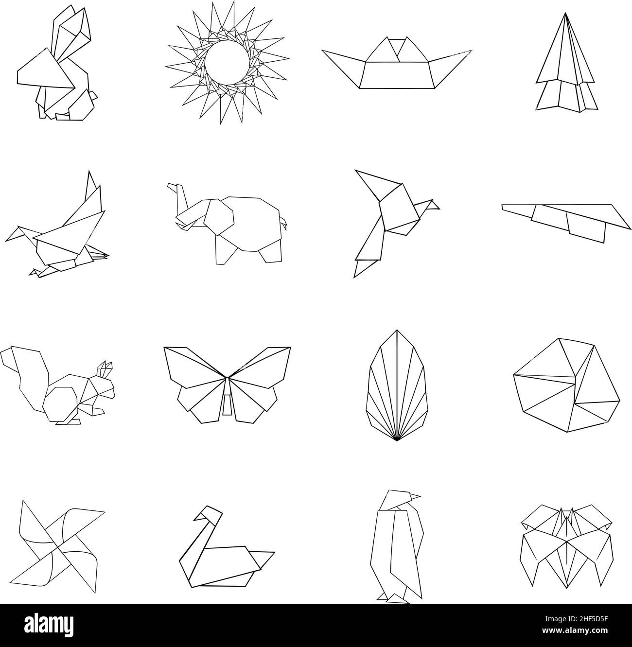 Origami setzt Symbole im Umrissstil isoliert auf weißem Hintergrund Stock Vektor