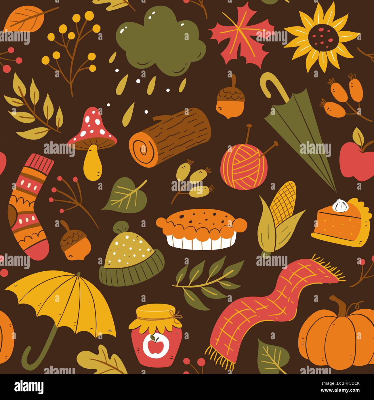 Farbenfrohes, nahtloses Herbstmuster. Handgezeichnete saisonale Elemente isoliert auf dunklem Hintergrund. Vektorgrafik. Stock Vektor