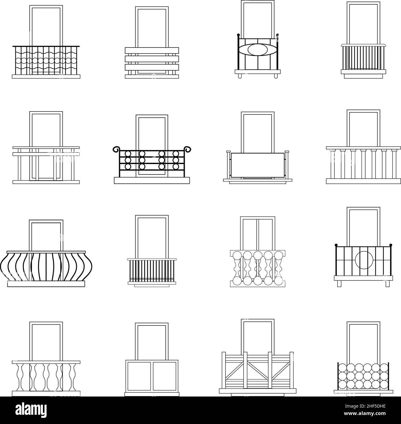 Balkonfensterformen setzen Symbole im Umrissstil isoliert auf weißem Hintergrund Stock Vektor