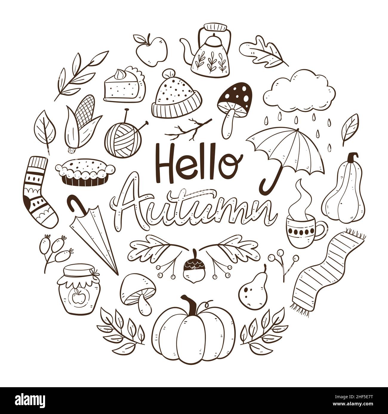 Handgezeichnete Herbstkarte mit saisonalen Elementen. Warme Kleidung, Kürbisse, Apfelkuchen, Blätter und Zweige. Doodle-Vektor-Illustration mit isolierten Elementen Stock Vektor