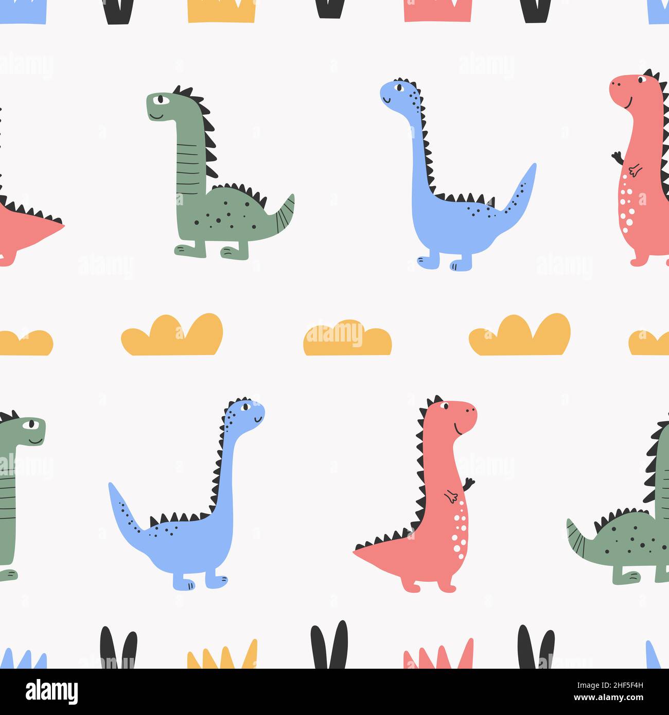 Niedliches Dinosaurier-Muster - handgezeichnetes, kindliches Dinosaurier-Nahtloses Muster-Design Stock Vektor