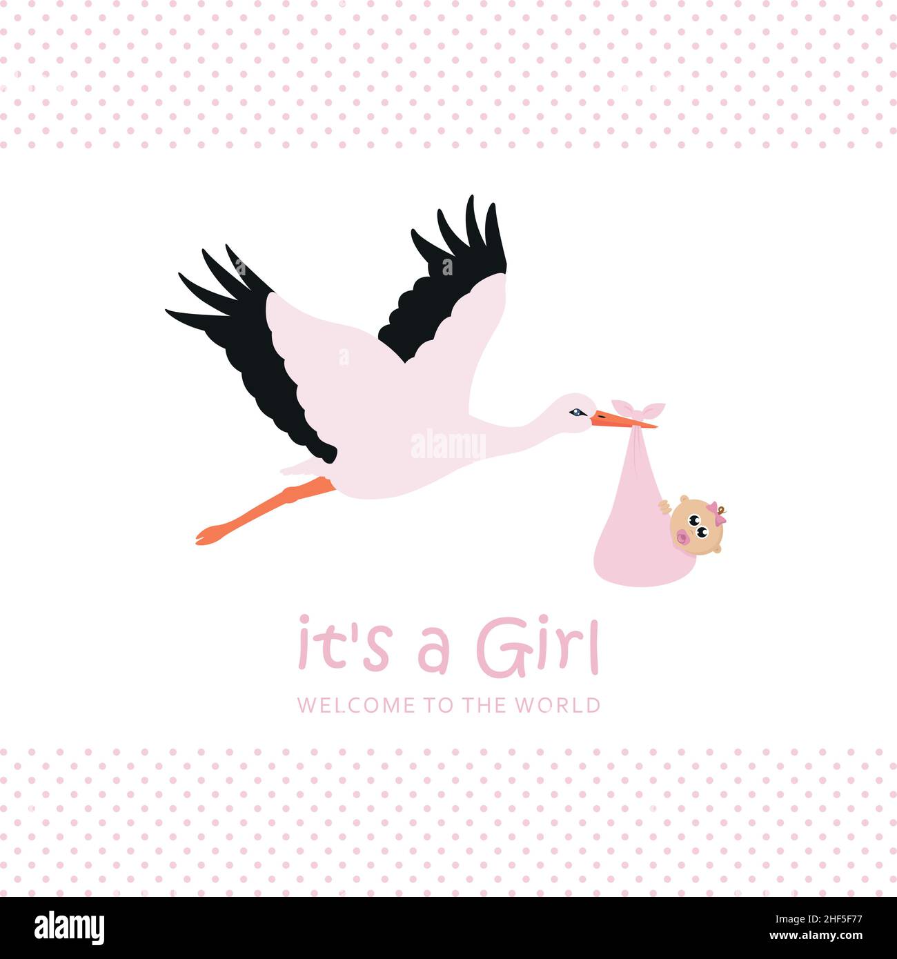 Baby Mädchen willkommen Grußkarte mit Storch für die Geburt Stock Vektor