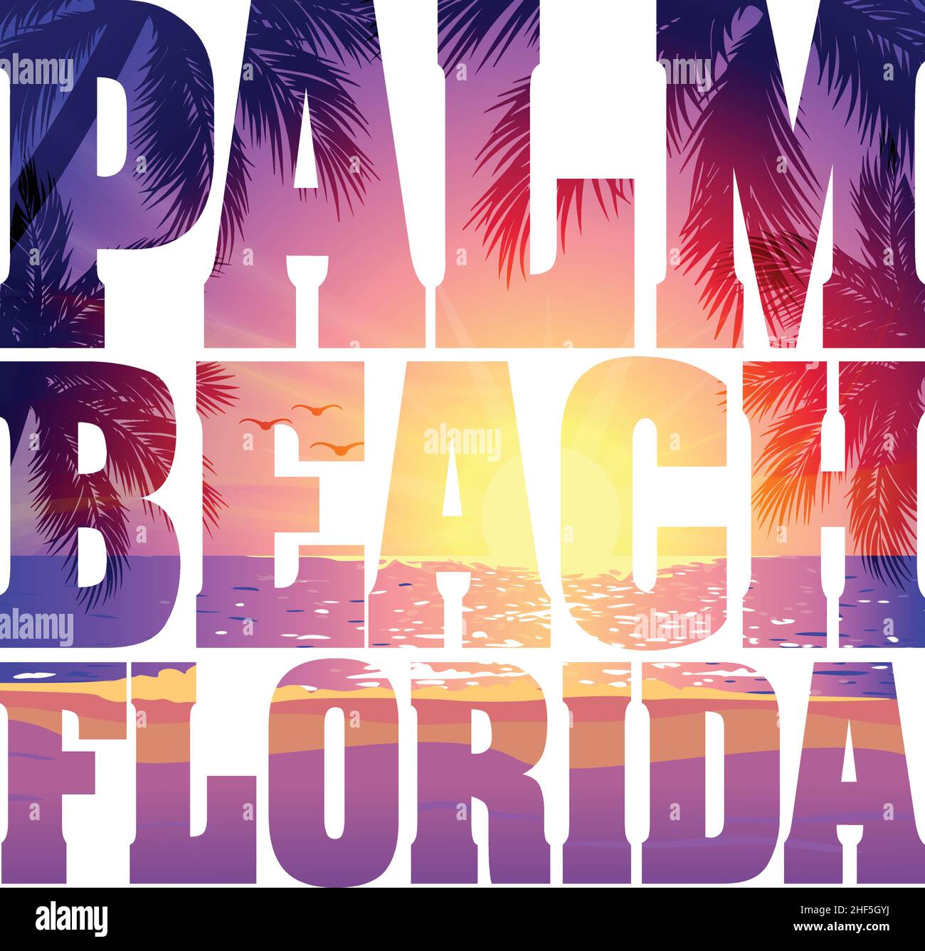 Palm Beach Florida Text mit Abend lila rosa Strand Sonnenuntergang Bild innerhalb Text T-Shirt Grafik Design isoalted auf weißem Hintergrund Stock Vektor