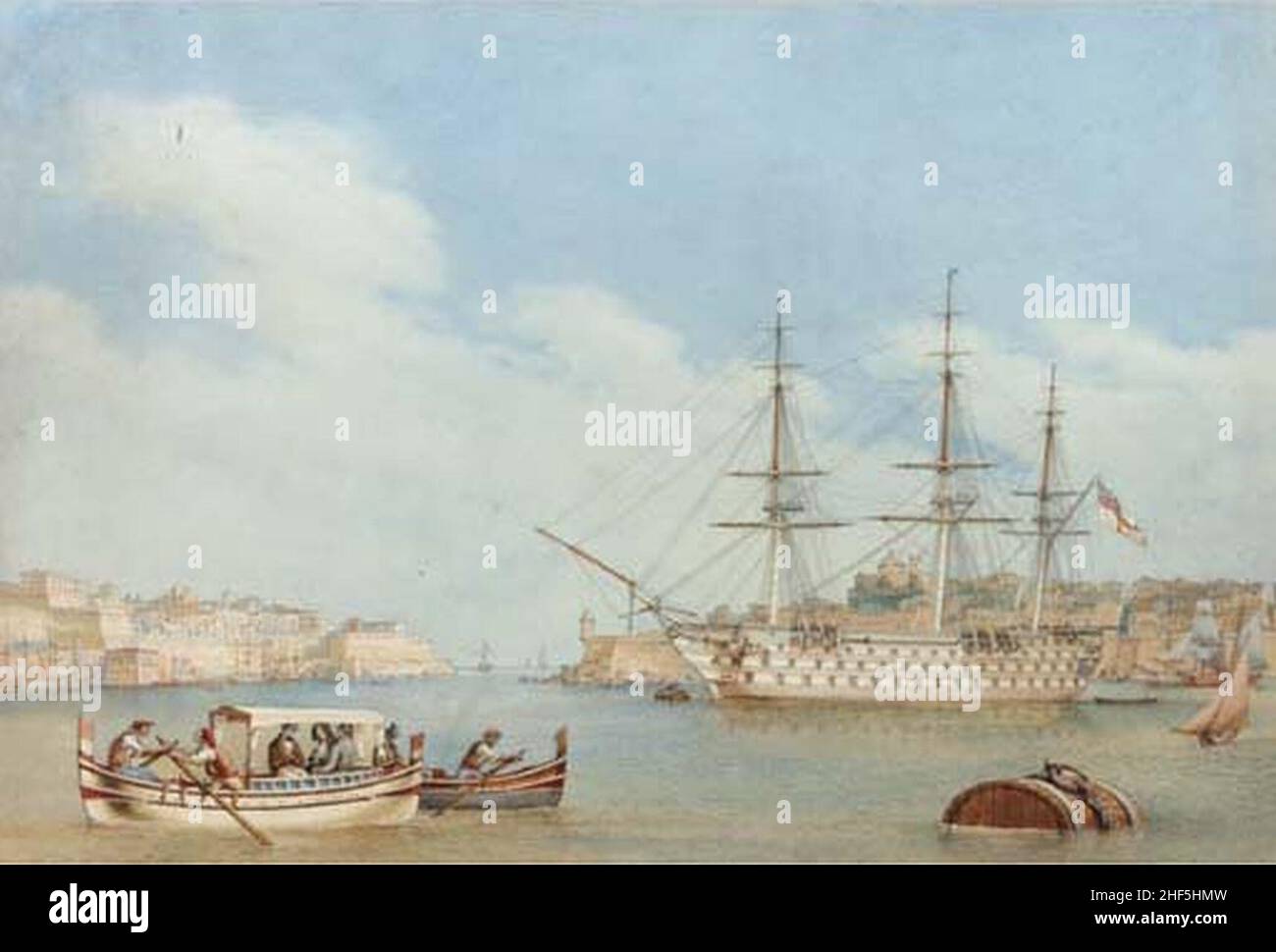 H.M.S. Hibernia 120 Kanonen vor Fort St. Angelo, Malta, um 1830 CSK 2003. Stockfoto