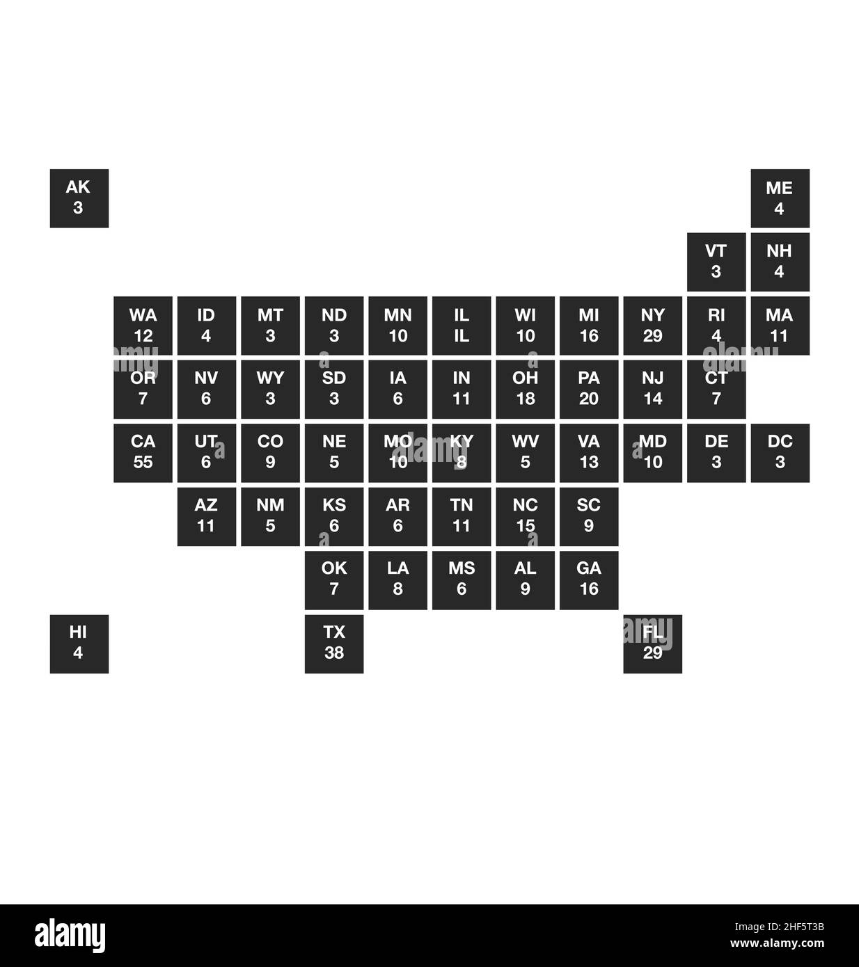 USA-Karte politisch stilisierte geometrische Infografik quadratische Zustände Codes Abkürzungen und Wahlkolleg Zahlen Vektor isoliert auf weißem Hintergrund Stock Vektor