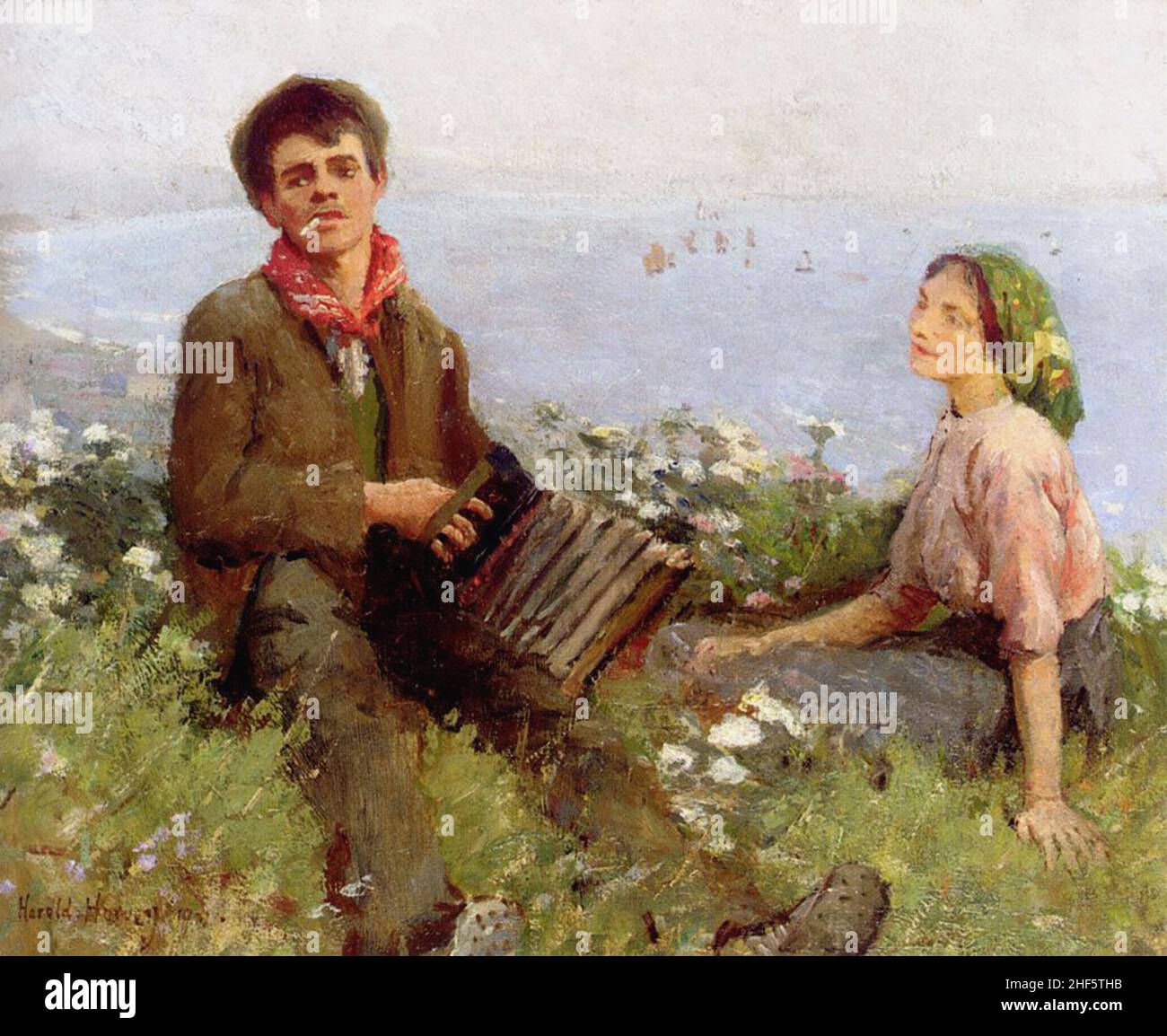 Mann und Frau auf einem Hügel Vintage-Gemälde Stockfoto
