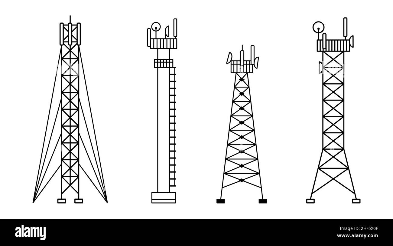 Vektor-Set von Illustrationen von verschiedenen Konstruktionen von Zelltürmen. 5G, 4G Signalverteilung. Das Internet. Moderne Technologien. Gliederung Stock Vektor