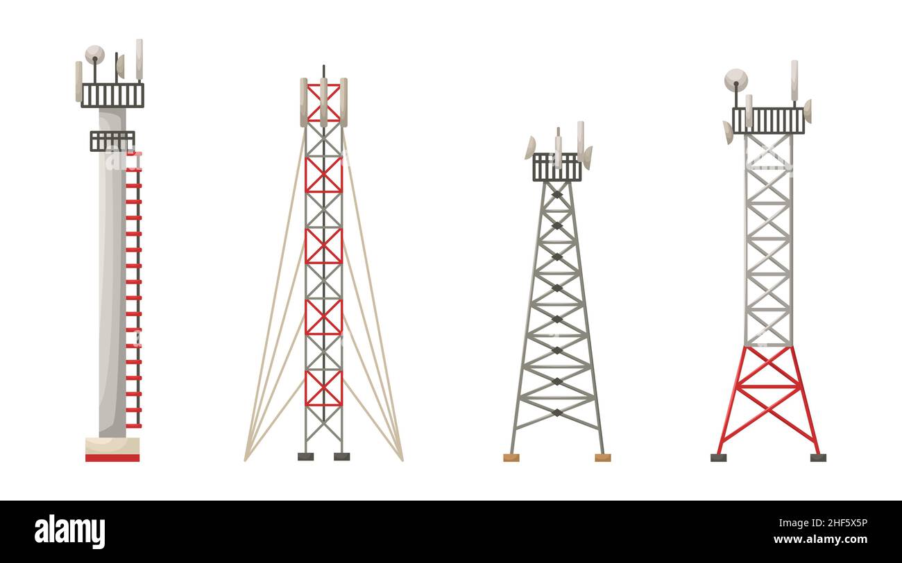 Vektor-Set von Illustrationen von verschiedenen Konstruktionen von Zelltürmen. 5G, 4G Signalverteilung. Das Internet. Moderne Technologien Stock Vektor