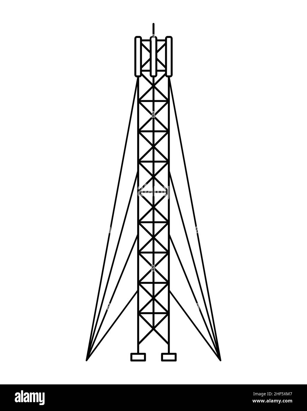 Vektordarstellung eines Mobilfunkmastes mit Guylines. 5G, 4G Signalverteilung. Das Internet. Moderne Technologien. Gliederung Stock Vektor