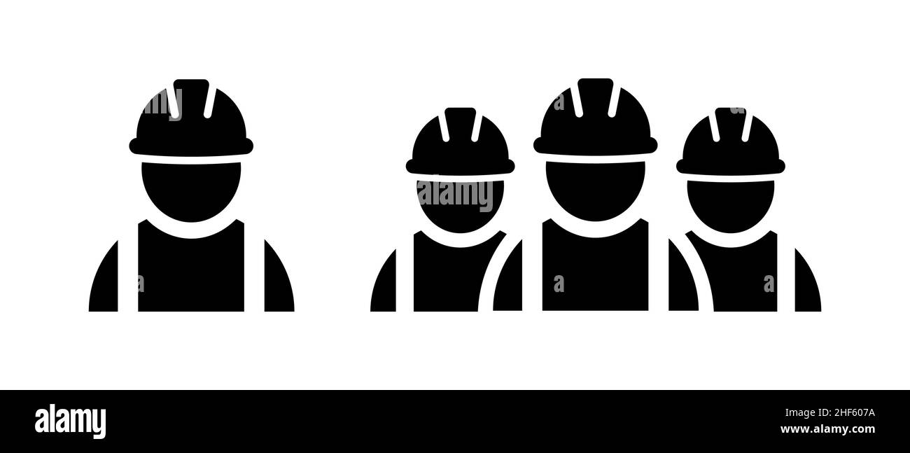Bauarbeiter-Ikonen in flachem Stil. Symbole für Bauunternehmer auf weißem Hintergrund isoliert. Abstraktes Baumeister-Symbol in Schwarz. Vektorgrafik Stock Vektor