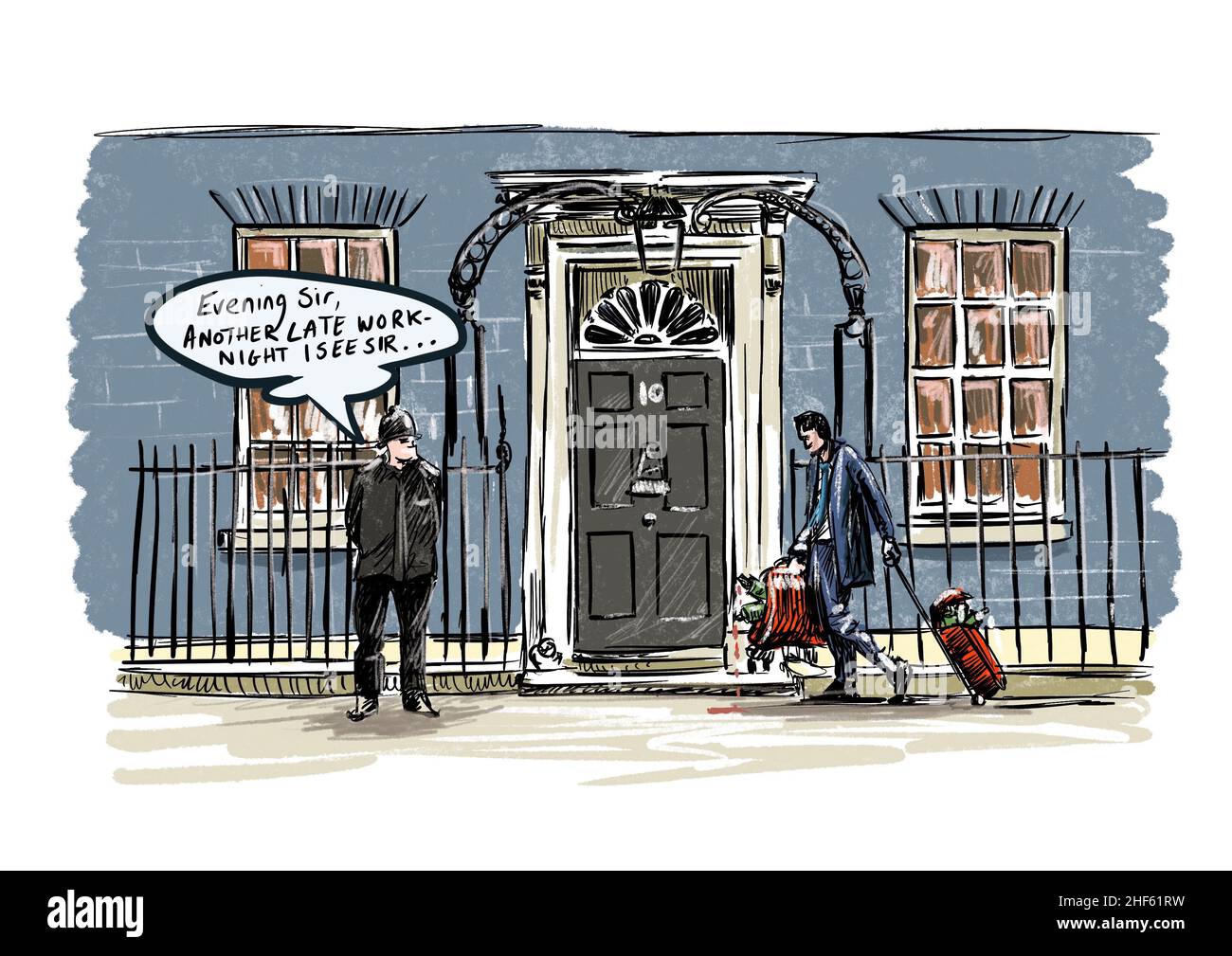 Karikatur - politische Satire Illustration - Mann in Suite geht mit Koffern zur Nummer 10 mit Polizeibeamter, der ihn begrüßt. Stockfoto