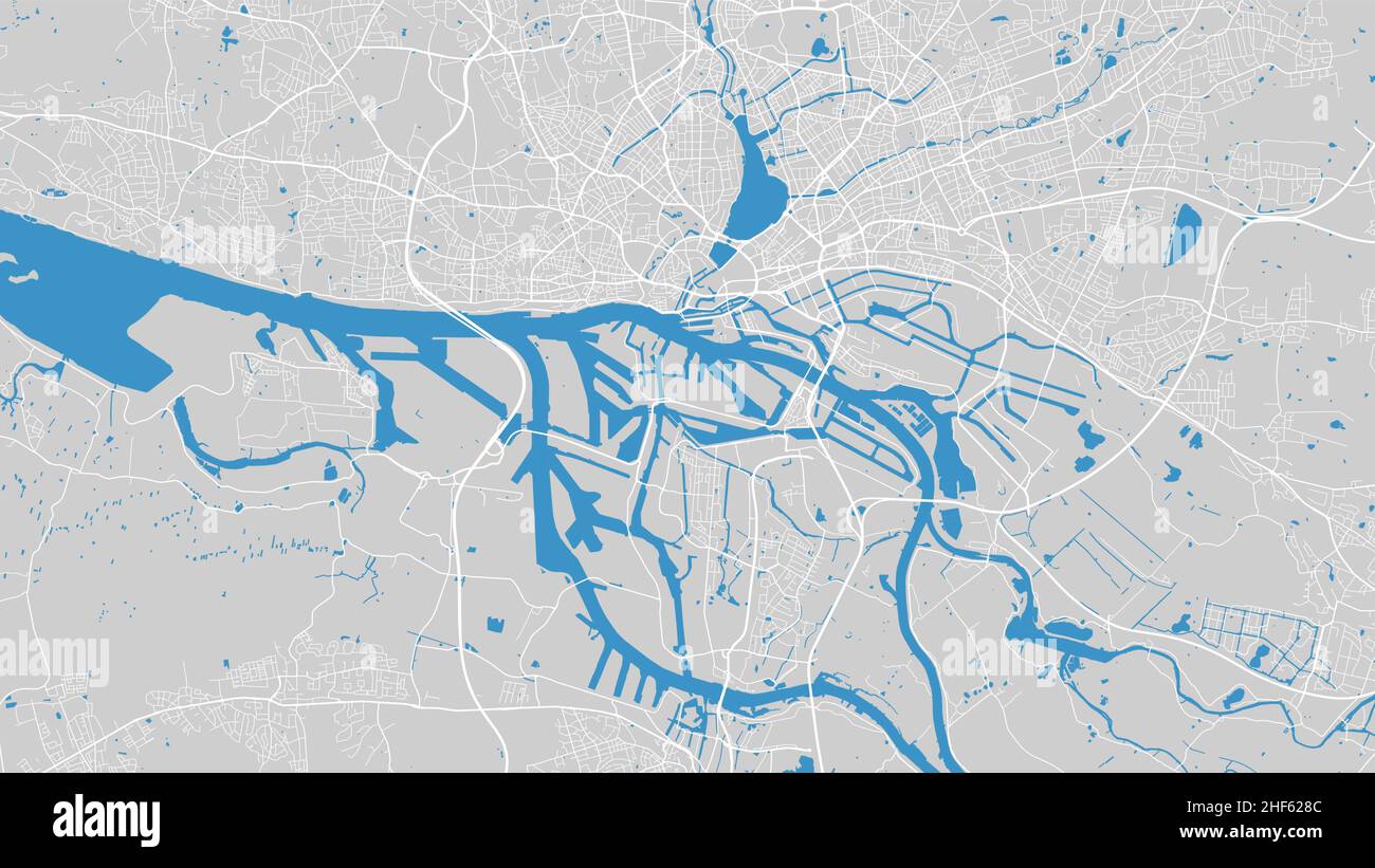 Vektorgrafik Flusskarte. Elbkarte, Hamburg, Deutschland. Wasserlauf, Wasserfluss, blau auf grauem Hintergrund Straßenkarte. Detailreiche Silhouette. Stock Vektor