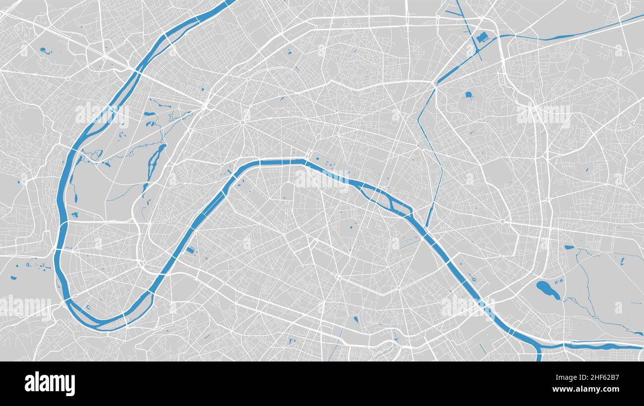Vektorgrafik Flusskarte. Flusskarte seine, Paris, Frankreich. Wasserlauf, Wasserfluss, blau auf grauem Hintergrund Straßenkarte. Detailreiche Silhouette. Stock Vektor